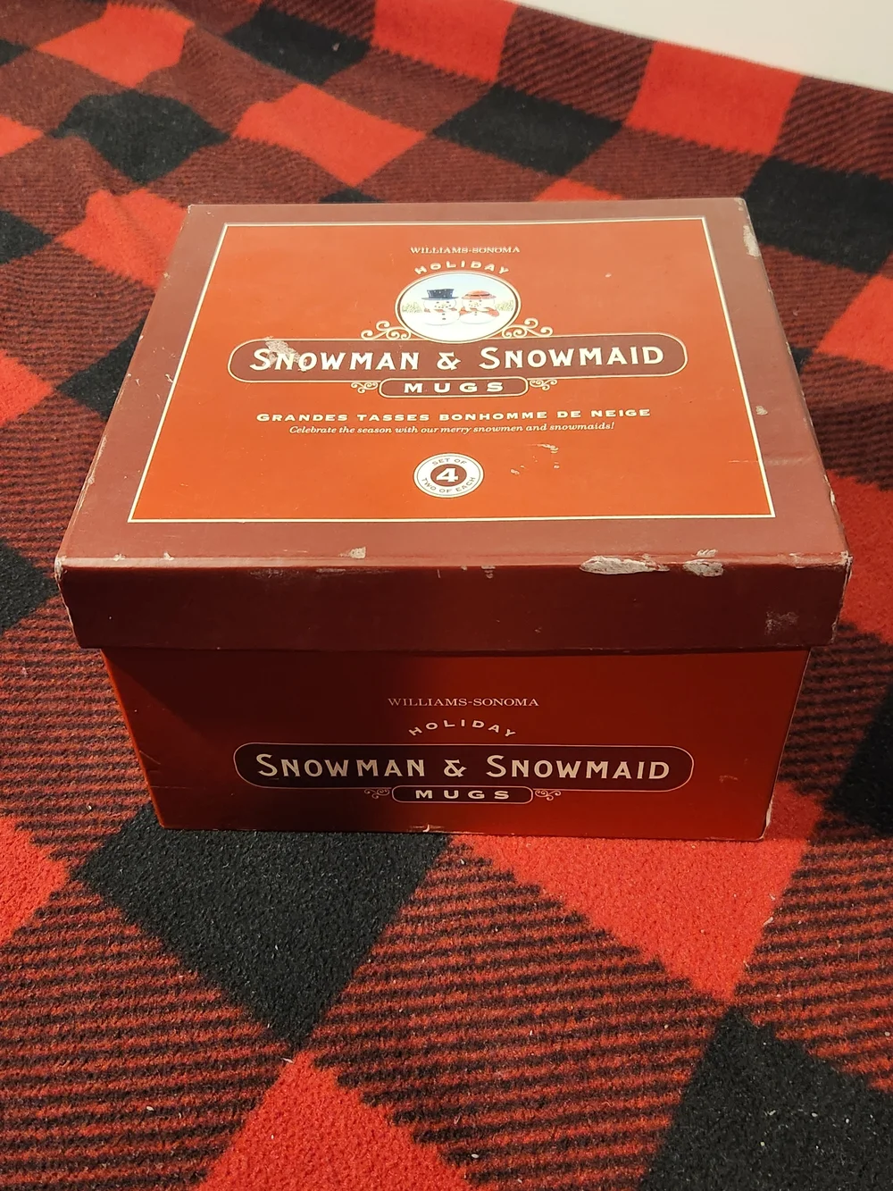 Williams Sonoma Holiday Snowman & Snowmaid Red Mug Set